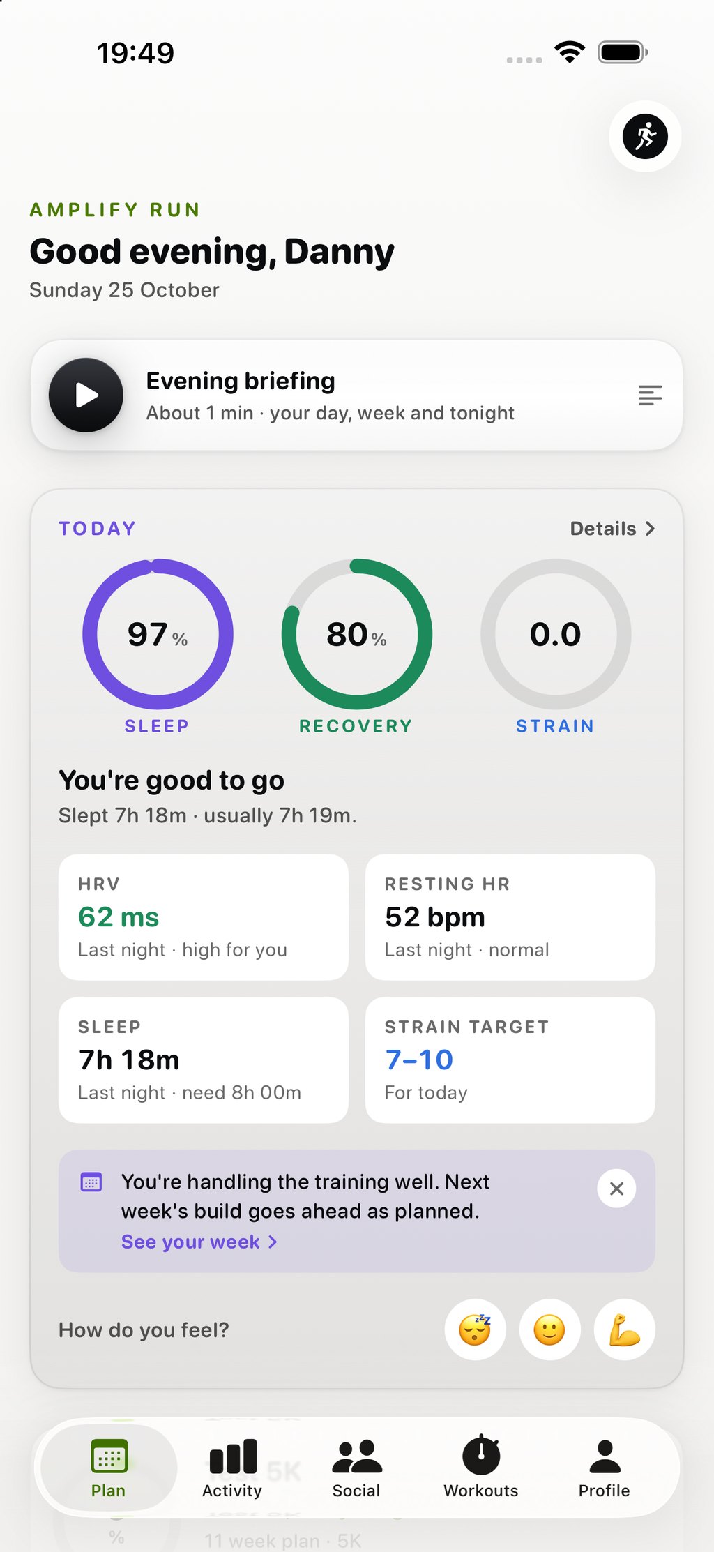 The Amplify Run home screen: a morning briefing you can play, and sleep, recovery and strain scoring 97, 80 and 0.0.