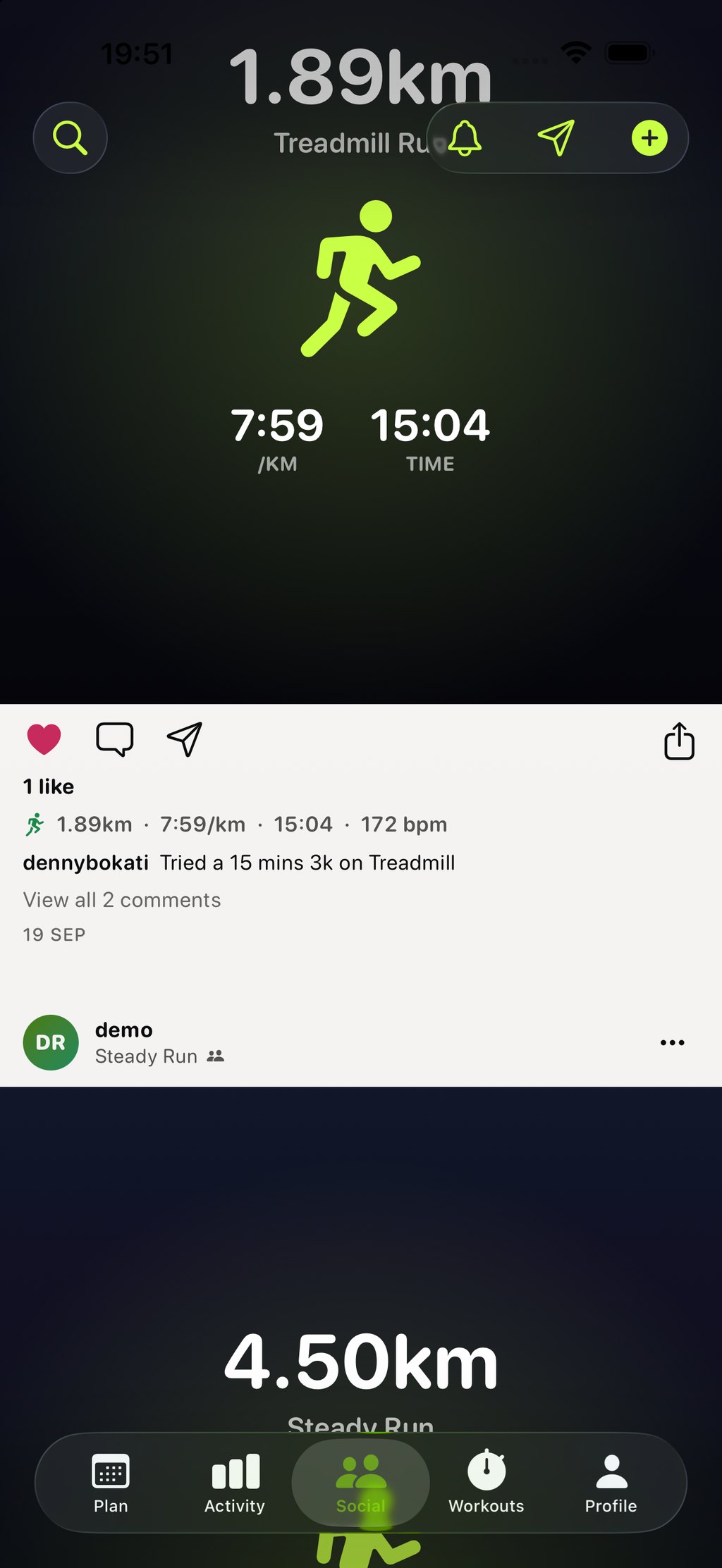 The feed: a shared run showing 4.50km, 8:10 per kilometre and 36:45 over a dark photo.