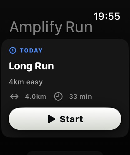 The watch app showing today's session, Long Run, 4km easy, with a Start button.